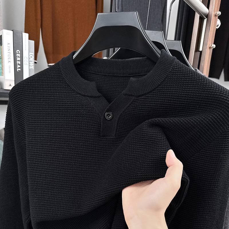 Men's Casual Cotton Knitwear Sweater - Solid Color, Long Sleeve, Versatile, Trendy Autumn/Winter Top
