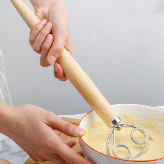 Wood Mixing Stick 13-Inch Double/Single Loop Whisk for Eggs Flour & Dough Blending Handcrafted Kitchen Utensil for Baking & Cooking