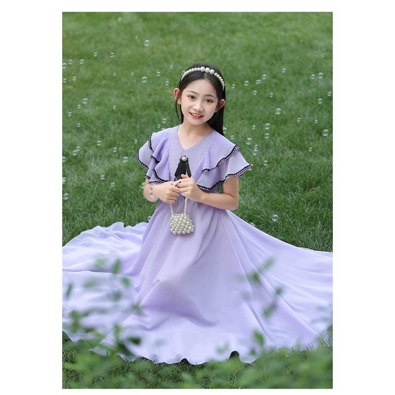 Girls Beach Summer Princess Dress Short Sleeve Solid Color