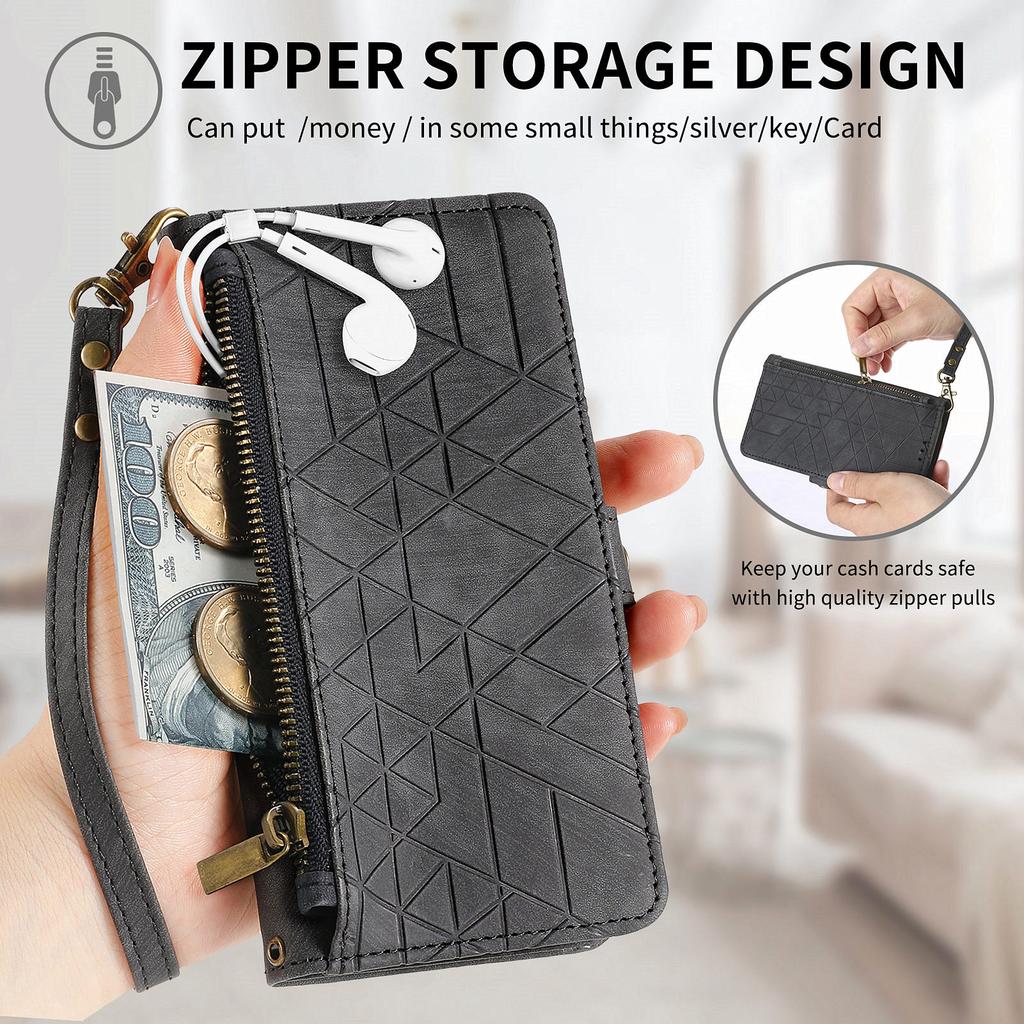 For Xiaomi 17 Pro Max Case Zipper Wallet Geometry Lines Leather Phone Cover with Strap