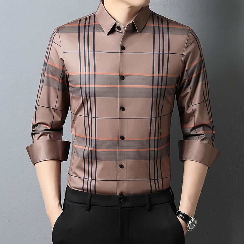Spring and Autumn New Men's Long-Sleeved Shirt Middle-Aged Men's Clothing Lapel Mulberry Silk Shirt Men