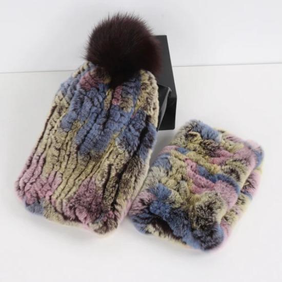 New Fashion Knitted Good Elastic Real Fur Scarf Hat Sets Women Winter Warm Natural Rex Rabbit Fur Scarves Hats Sets