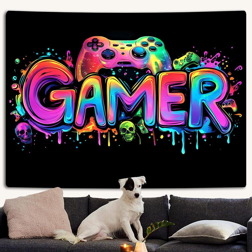 SparkLia Gamer Gaming Tapestry, Blacklight Game Controller Horror Skull Wall Hanging, UV Reactive Skeleton Glow in the Dark Wall Decor for Bedroom,