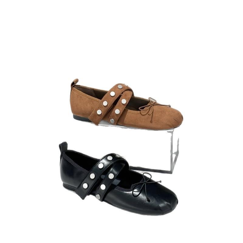 Leather Version~ Leather Retro French Rivet Bow Flat Sole Shoes Women's Light ** Fork Belt Mary Jane Women's Shoes