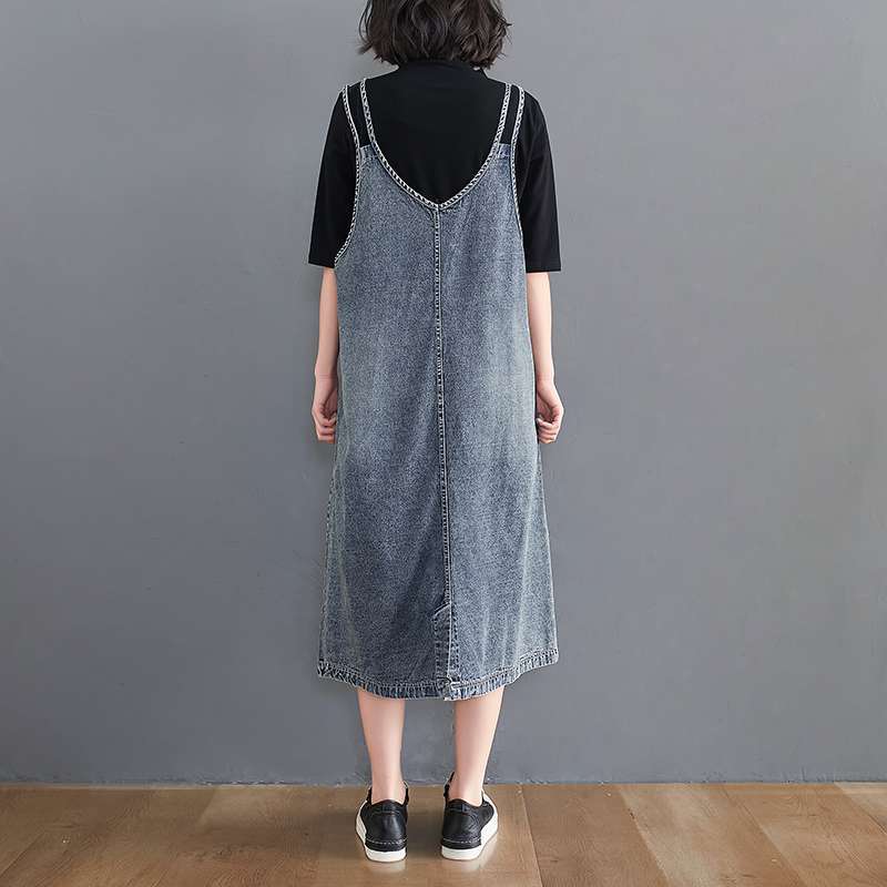 Abito estivo da donna, abito senza maniche, elegante, lungo, ampio, in denim blu, abiti basici