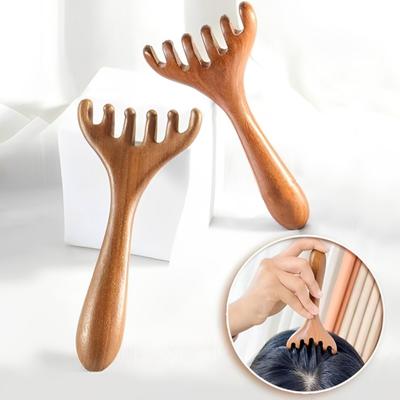 Hirschgeweih Meridian Massagekamm mit Aufbewahrungstasche Langer Griff Sandelholz Kopfhautmassagekamm Sechs-Krallen Breitzahn Körpermassage Guasha Schaberwerkzeug