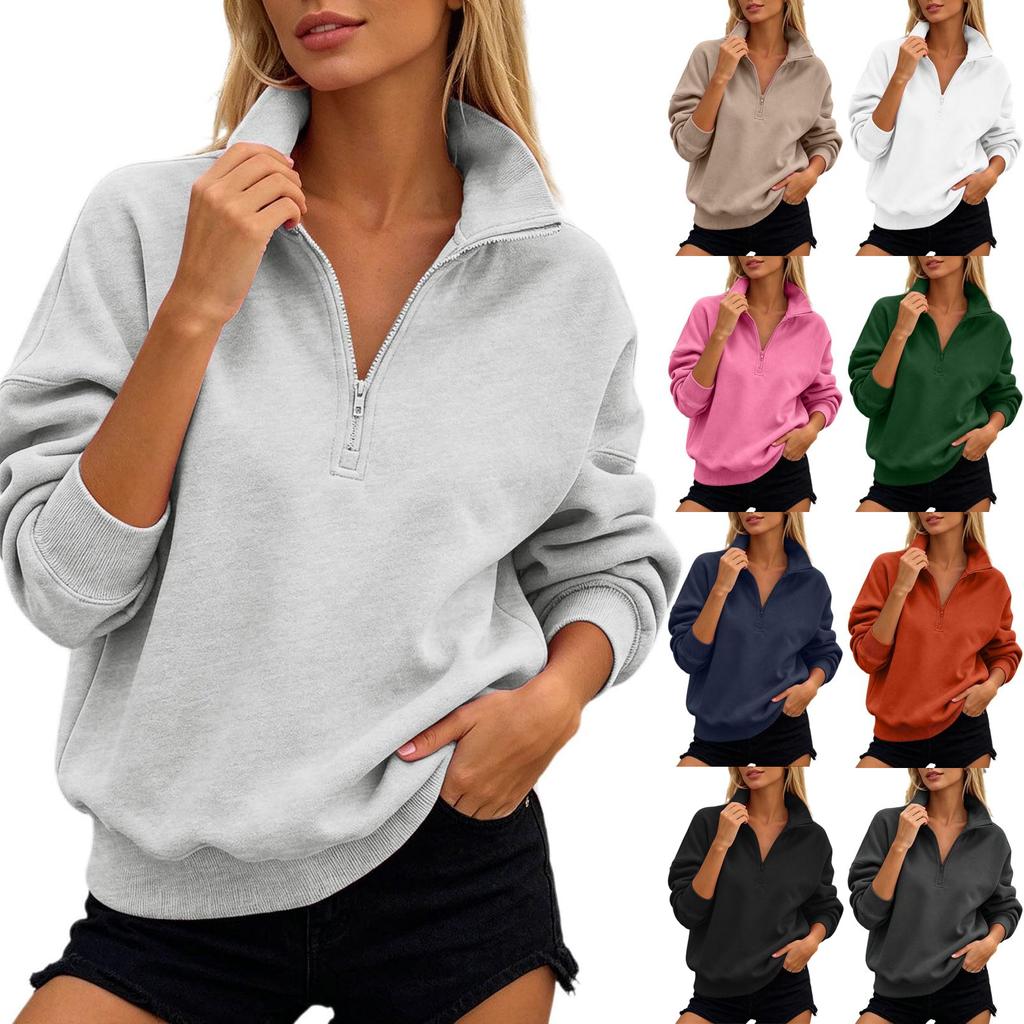Damen Halbreißverschluss Pullover, Farbe Locker Sitzendes Hoher Kragen Sweatshirt für Freizeitkleidung