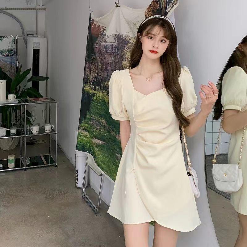 Summer Short Dress Solid Color Square Neck Waist Thin Bubble Sleeve Irregular Pleated Short Sleeve Dress