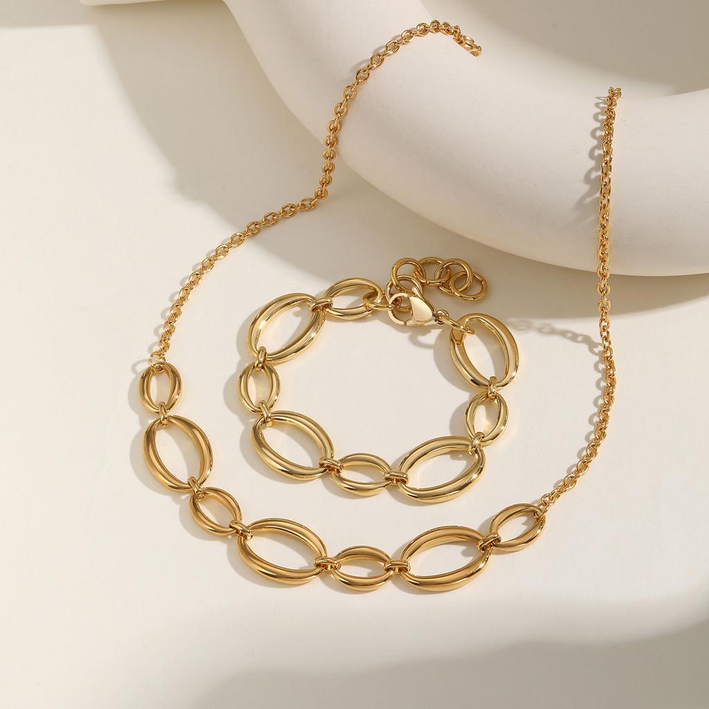 Stainless Steel Oval Handmade Chain Necklace Bracelet 18K Gold Plated Nc-2100