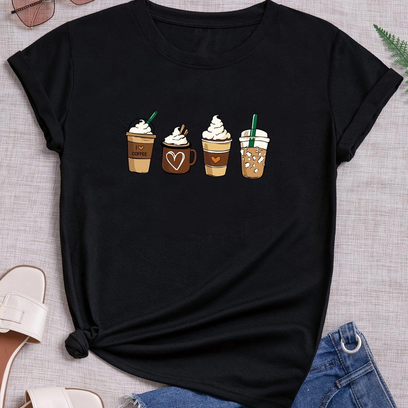 

Футболка с кофейным принтом, футболка с круглым вырезом и короткими рукавами, повседневные топы на каждый день