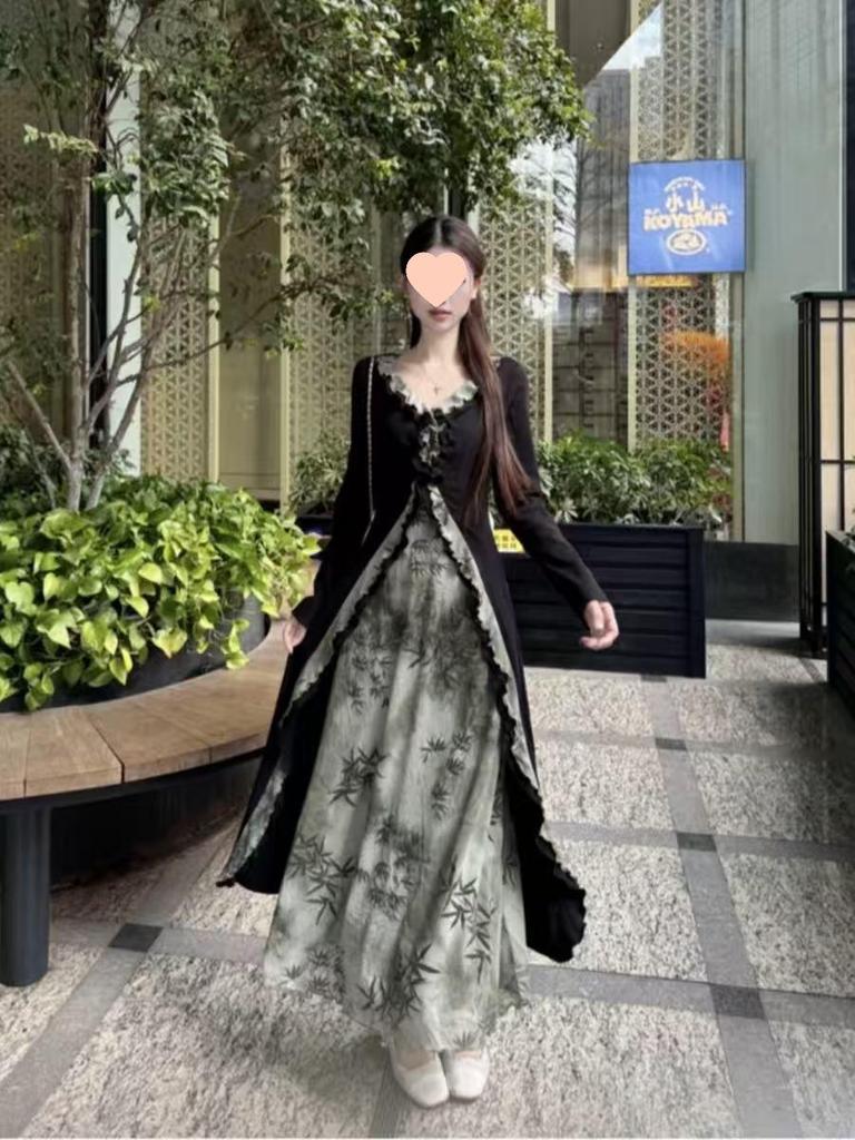 Rochie A-line pentru femei plus-size, toamnă, formă de pară - Stil național chinezesc, Design subțietor din două piese