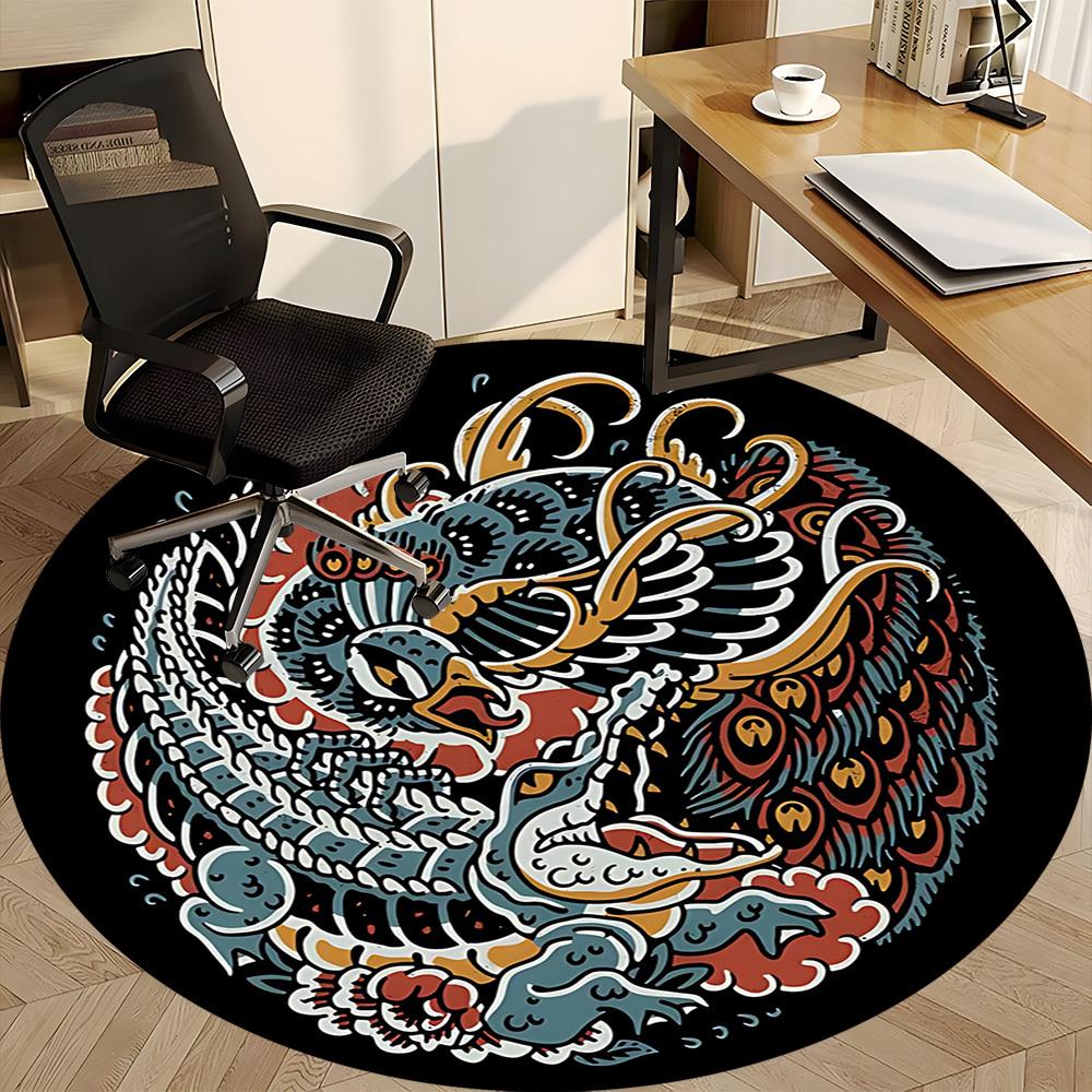 1pc Dragon Phoenix Office Round Area Rug, Indoor Mat Suitable For Office, Under Office Chairs Bedroom Living Room Home Decor, Room Deco