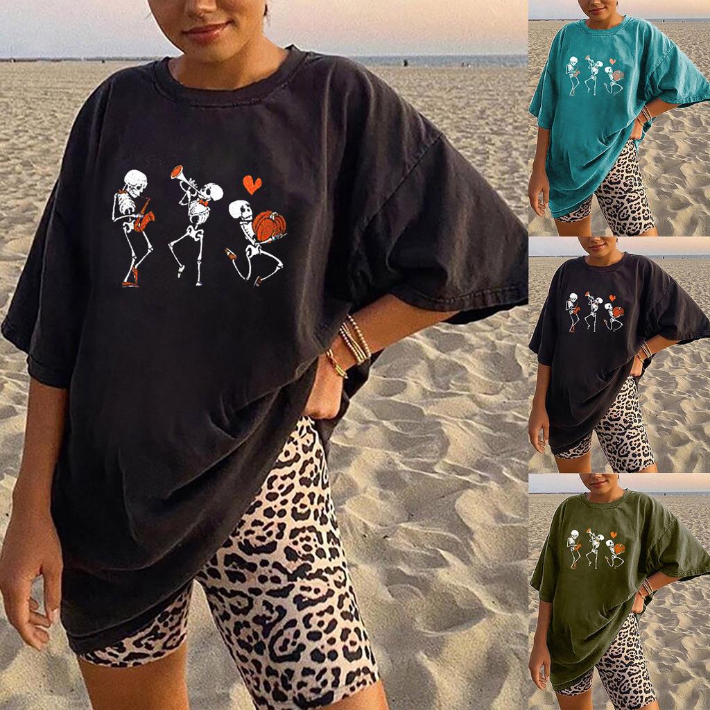 Women's Loose Blouse Round Neck Short Sleeve Halloween  Print T-shirt Top