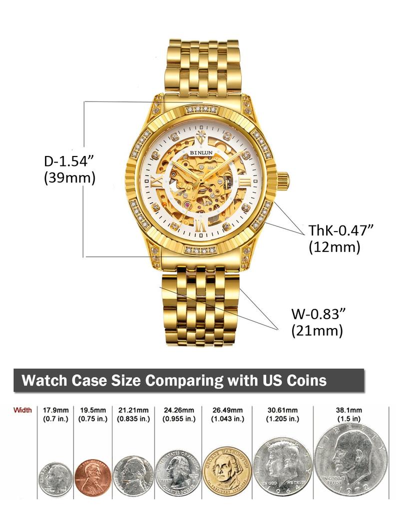 Montre BINLUN Montre automatique mécanique squelette en or Montre automatique plaquée or 18 carats Montre de luxe pour homme Montre double face pour homme (Squelette complet)