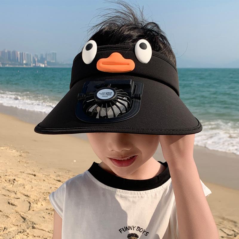 Children's hats summer boys and girls outdoor big brim with fan sun hat cartoon cute sun protection empty top hat