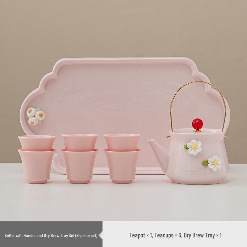 Women's Pink Ceramic Gongfu Tea Set with Teacup, Saucer, and Floral Handle Pot