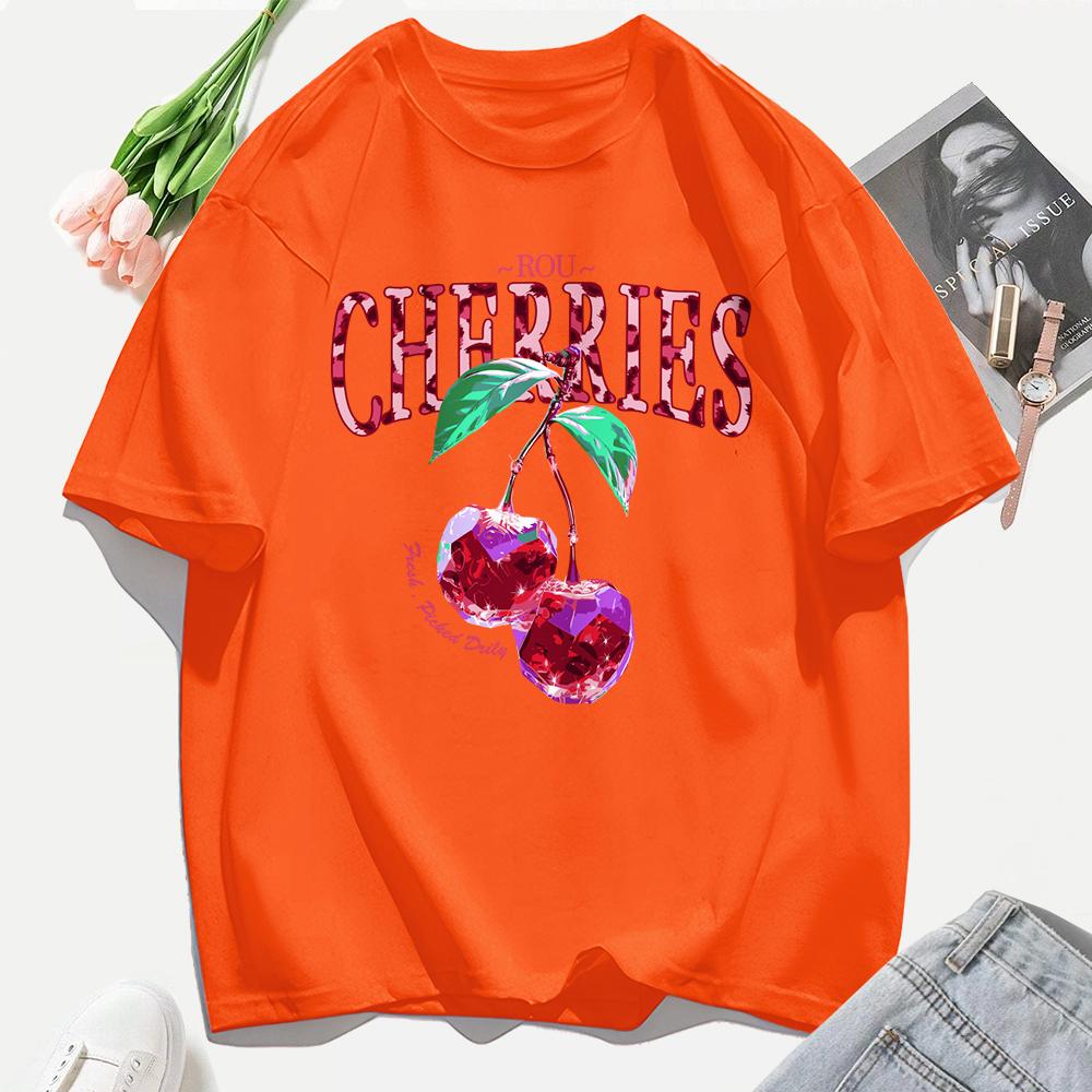 Crystal Cherries Printing Tee Shirt Woman Summer Cotton Tee Tops O-Neck Casual T Shirts Oversized All-Match Short Sleeve