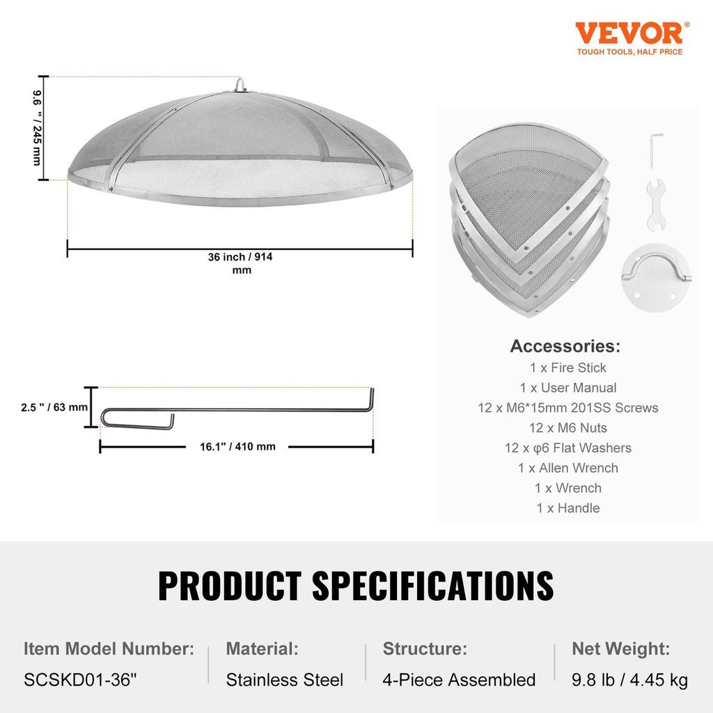 Fire Pit Spark Screen Round 36", Reinforced Heavy Duty Steel Metal Cover, Outdoor Firepit Lid, Easy-Opening Top Screen Covers Round with Ring Handle