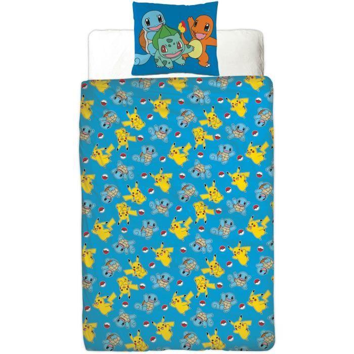 Parure De Lit Réversible - POKEMON - Pikachu Et Starter 1G II - Microfibre - 1 Housse De Couette 140 X 200 Cm + 1 Taie 63 X 63 Cm
