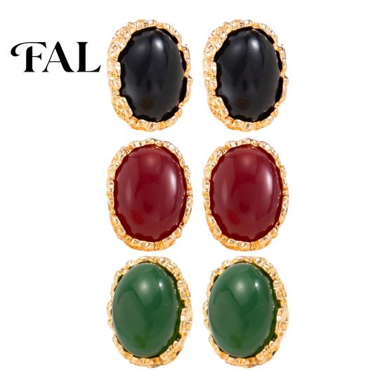Daily Wear Gold Tone Jewelry 1 Pair Vintage Oval Stud Earrings for Women, Retro Statement Elegant Resin Gemstone Earrings, Frame Chunky Stone