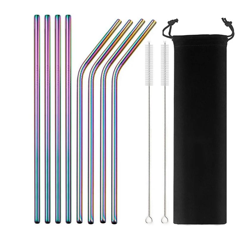 Mixing Color Reusable Metal Drinking Straws 304 Stainless Steel Straw Set with Cleaner Brush Bar Drinkware Party Accessory