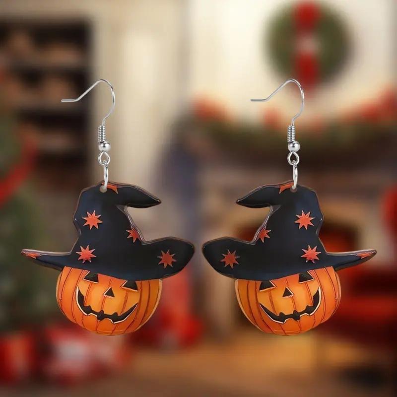 

Pumpkin Head Dangle Earrings Acrylic Trendy Halloween Ghost Festival Ornaments Unique Handcrafted Zircon for Women and Girls