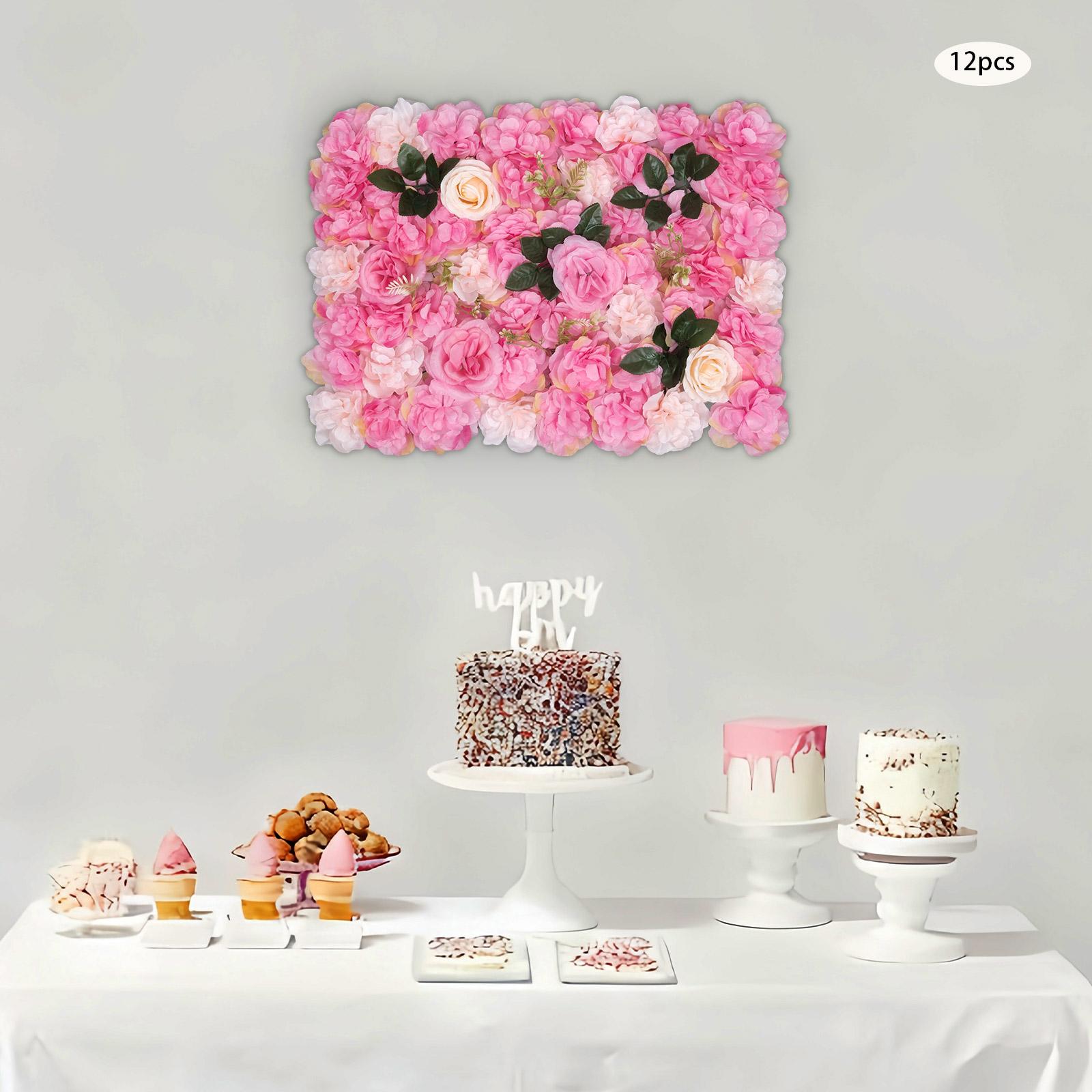 

12pcs Handmade Plant Flower Walls With Deep Pink And Gorgeous Roses And Water Plants For Wedding Background, Party Decoration M рожевий