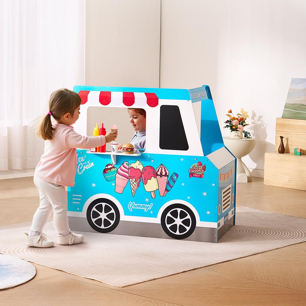 VEVOR Ice Cream Cart for Kids, 20+ PCS Ice Cream Truck Wooden Playset, Pretend Play Stand with Steering Wheel & Chalkboard