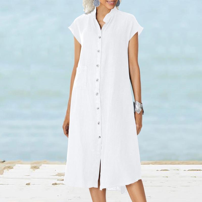 Women's Fashion Summer Spring Solid Color Print O-Neck High Waist Casual Dresses
