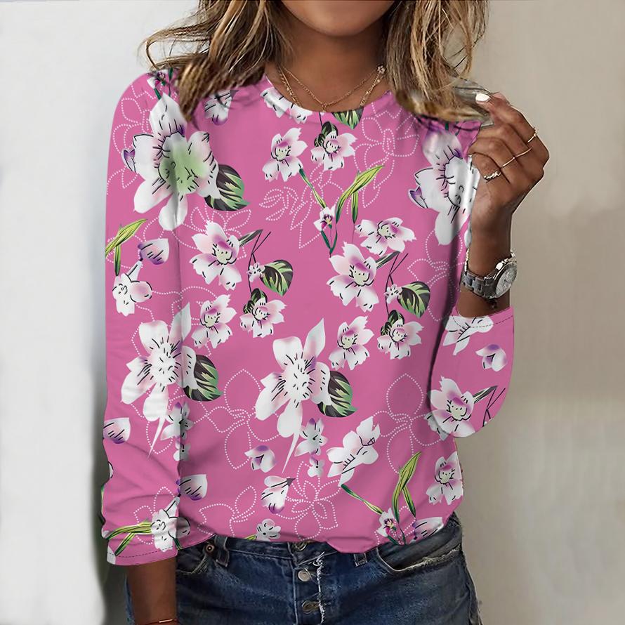 

Топы на весну и осень с принтом персикового цвета, круглым вырезом и длинными рукавами, футболка, повседневный тонкий женский топ с длинными рукавами 5XL розовый