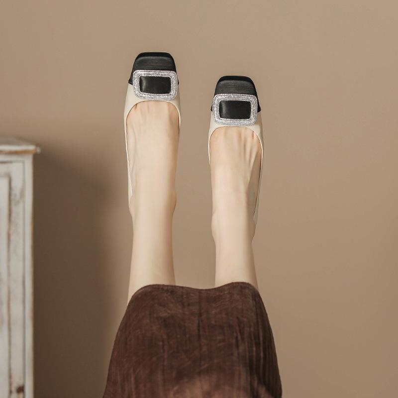 

H988-22 square head color matching high heels women s large rhinestone buckle decoration thick heel Internet celebrity women s shoes sheepskin insole 34