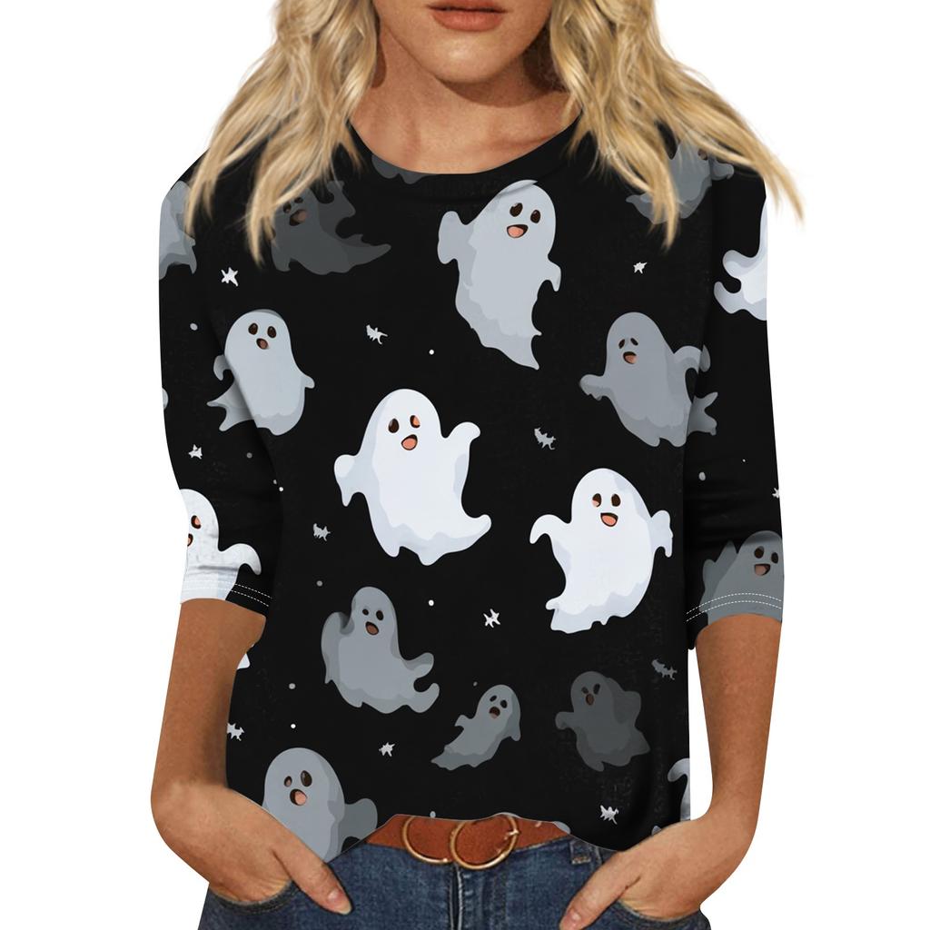 Women's Fashion Casual Round Neck Three-quarter Sleeve Halloween Printed T-shirt Top