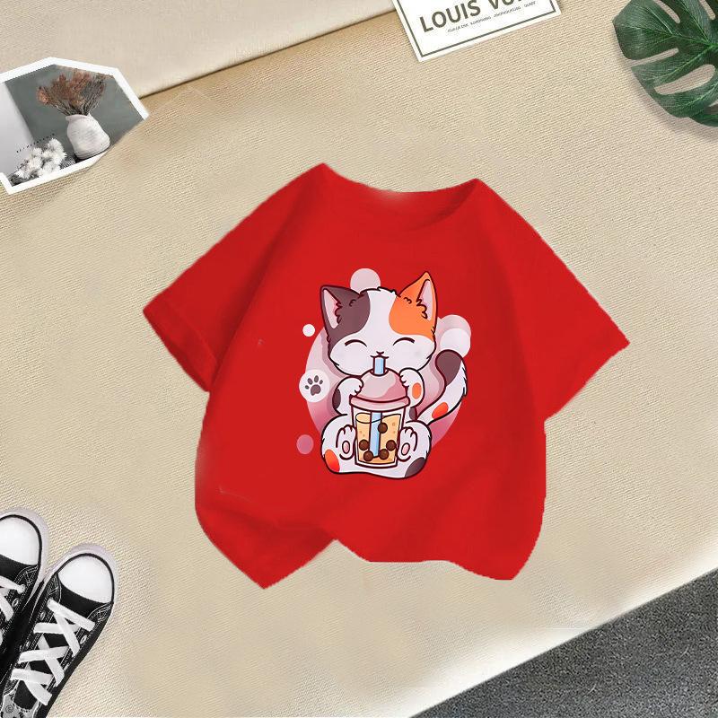 Children T-shirt Cute Cat Printed Kids 100% Cotton Clothes Tops 2-13Y Loose-fit Casual  O-Neck Short-sleeve T-shirt