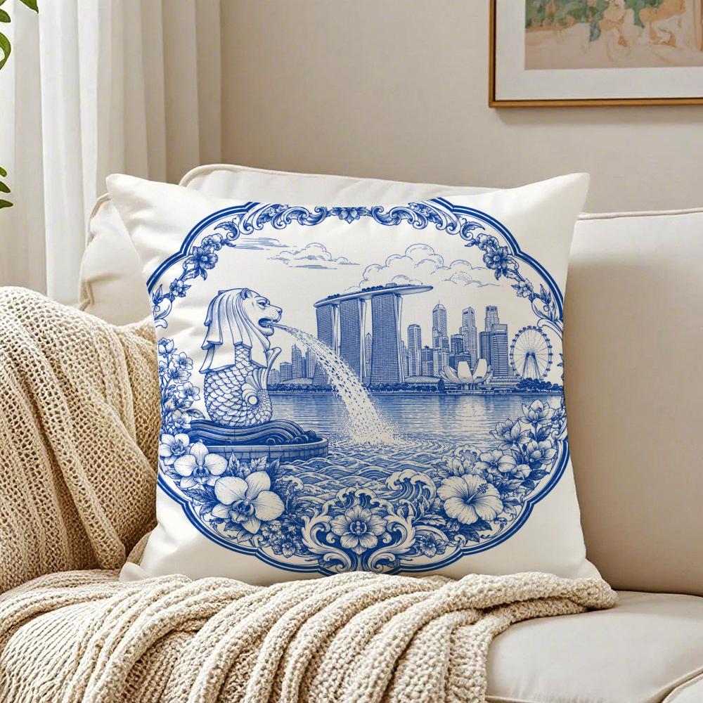 Singapore Vintage Cityscape Cushion Cover Breathable Short Plush Cushion Covers Machine Washable Wrinkle-Resistant Soft Durable