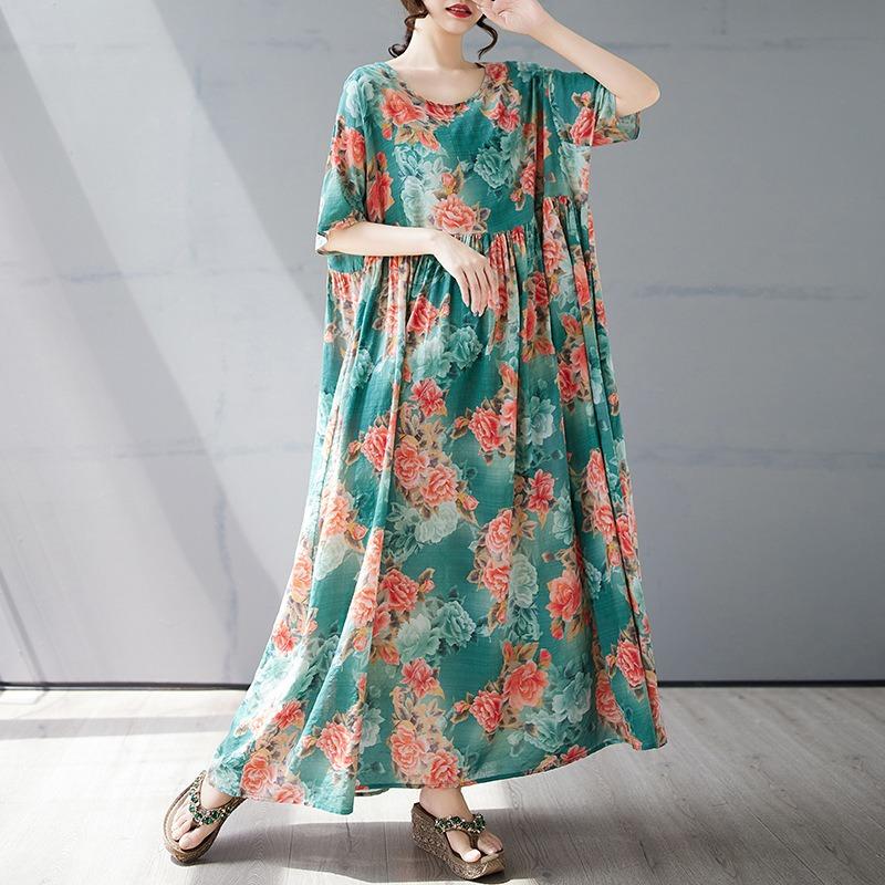 Summer new simple bohemian long dress fattened and enlarged short-sleeved crew neck printed dress women's clothing
