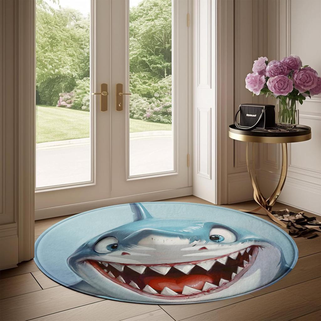 3D Realistic Shark Round Floor Mat, Funny Shark Face Non-Slip Rug for Living Room, Bedroom, or Entryway