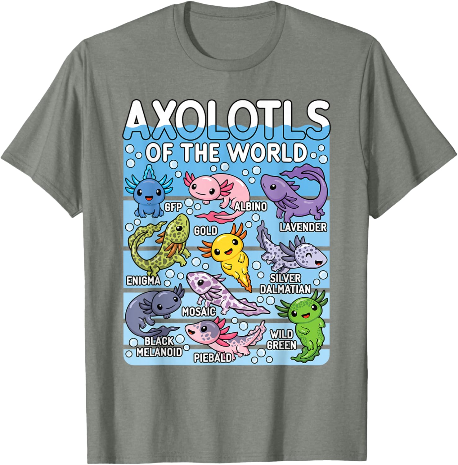 Axolotls Of The World Cute Kawaii Axolotl Varieties Graphic Tee Cotton Casual Short Sleeve T-Shirt S