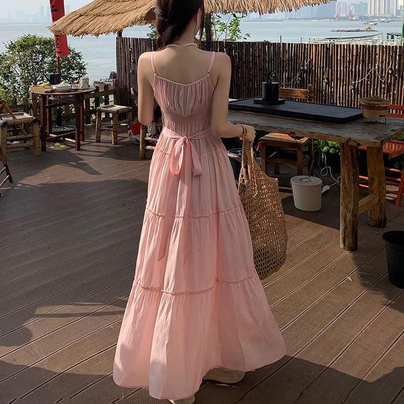 Pastoral Style Pink Long Dress for Women 2025 Summer Beach Spaghetti Strap Dresses Woman Vacation Sleeveless A Line Sundress