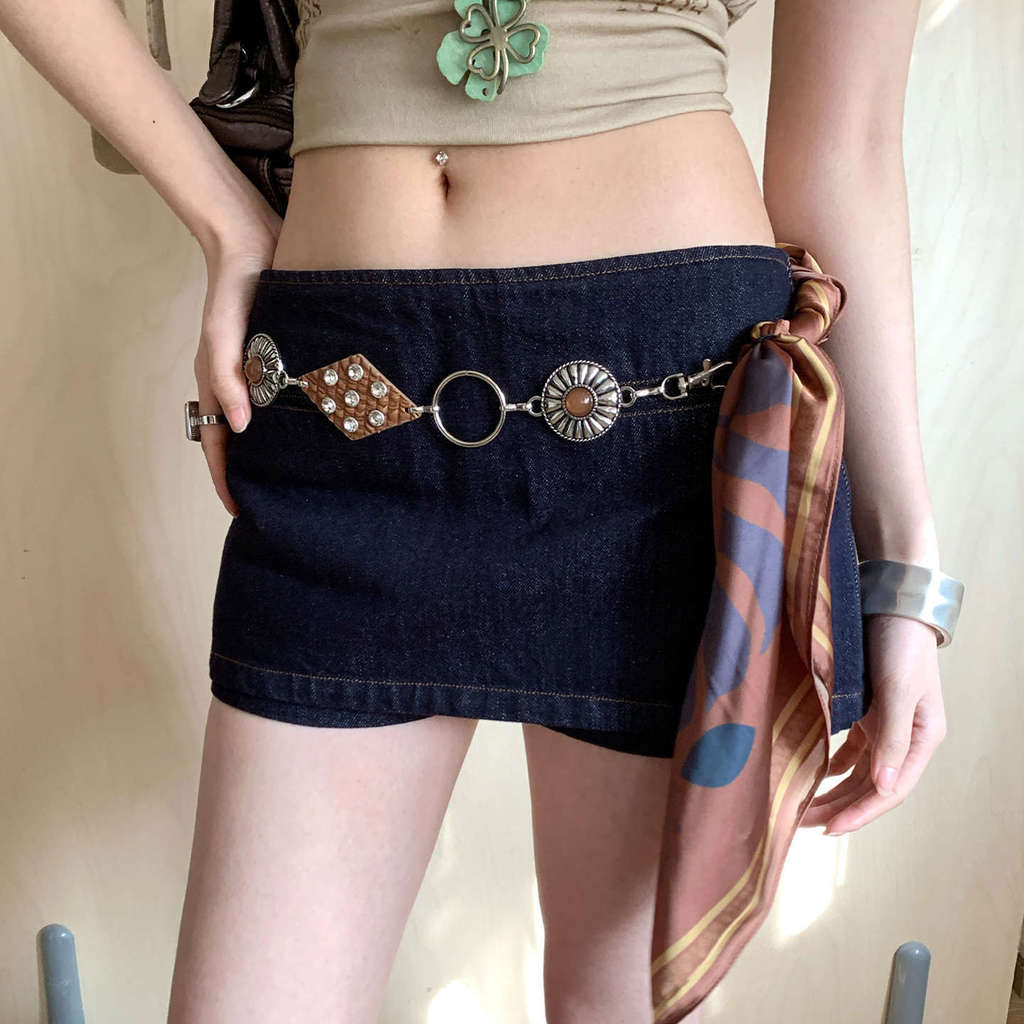 Beaded Waist Belt With Metal Chain And Silk Scarf For Daily Fashion