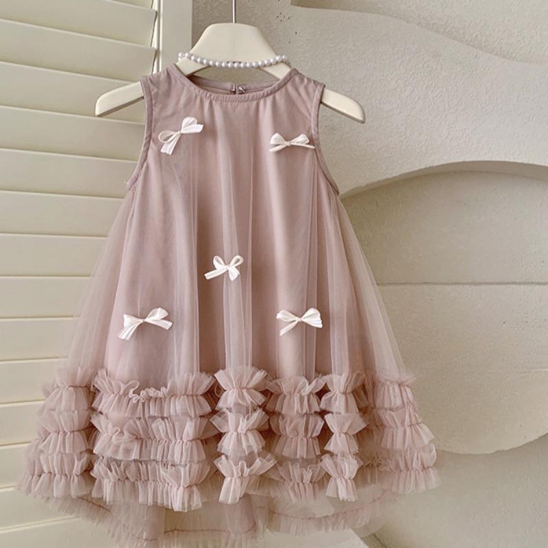Girls' Summer Sleeveless Three-dimensional Bow Mesh Dress