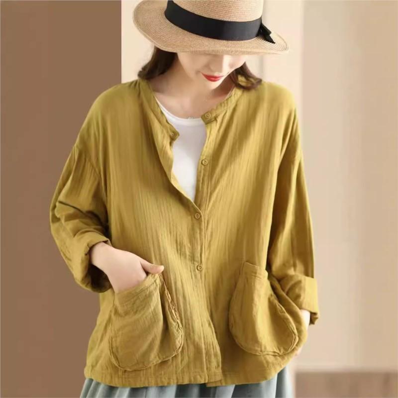 Johnature Femeie de toamnă de culoare uni cu mâneci lungi ocazional cămașă retro lejeră, stil vintage, cămașă cu un singur piept.