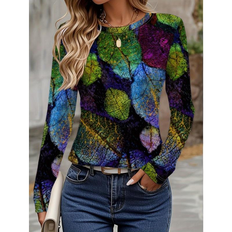 Women's T-shirt 3D Printing Green Plant Print Fashion Long Sleeve Round Neck Regular Top Holiday Weekend Spring and Autumn