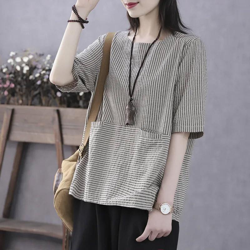 

Топы женские хлопковые летние футболки больших размеров в полоску с круглым вырезом свободные напечатанные повседневные пуловеры футболки топ XXL серый