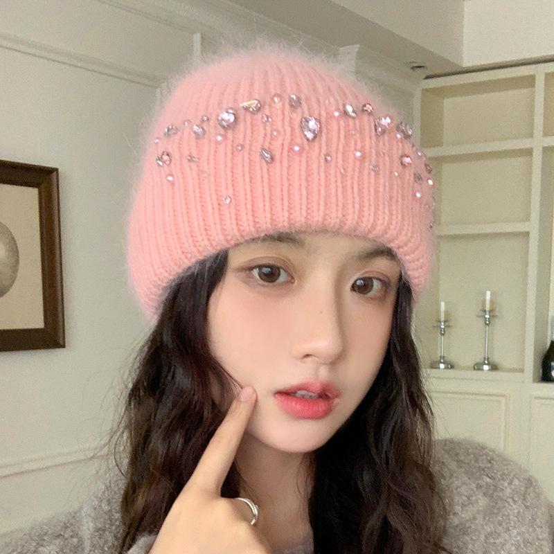 Knitted Hat Women's Winter Thickened Warm Ear Protection Hat Rhinestone Wool Hat Winter Hats for Women, Beanies for Women, Hats for Women Winter