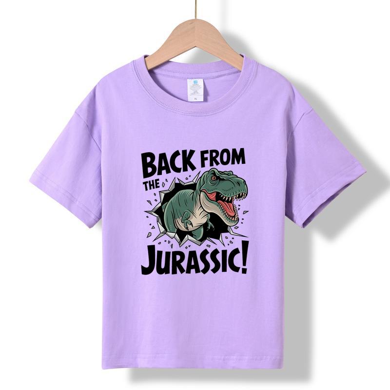 

MC-72 MINISO 2026 Summer Kids 100% Cotton T-Shirt Back from the Jurassic Dinosaur Print Short Sleeve Casual Tee for Boys Girls Ages 2-12 150