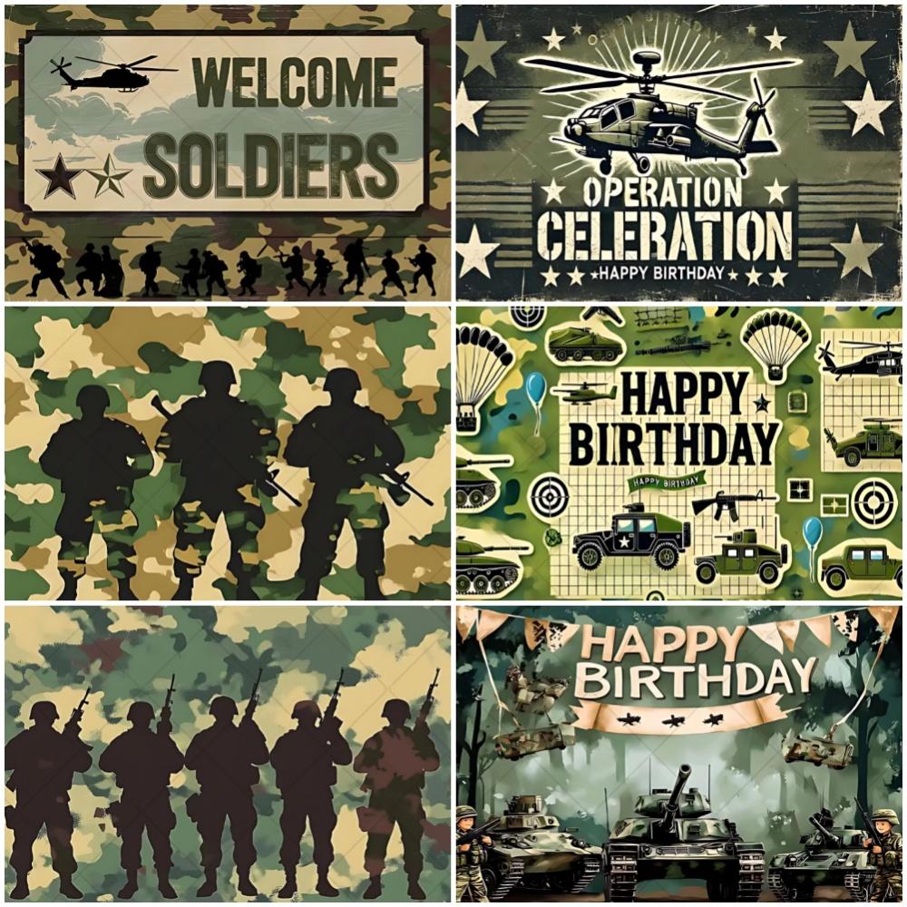 Military Army Theme Boy Birthday Party Decoration Backdrop Camouflage Soldier Aircraft Tank Car Background Kid Gifts Banner Prop