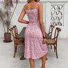 Women's Spaghetti Strap High Waist Floral Print Midi Dress Side Split Elegant Casual Summer Beach Sundress Party Dress