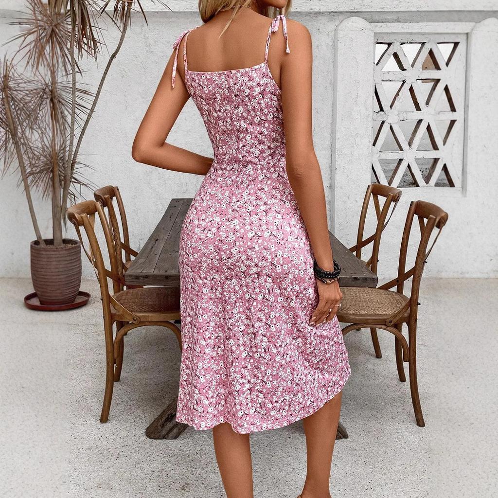 Women's Spaghetti Strap High Waist Floral Print Midi Dress Side Split Elegant Casual Summer Beach Sundress Party Dress