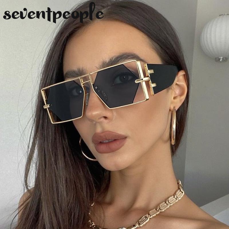 Vintage Punk Rectangle Sunglasses Women New  Luxury Brand Trendy Hollow Hexagon Lenses Double Beam Shades For Ladies UV400