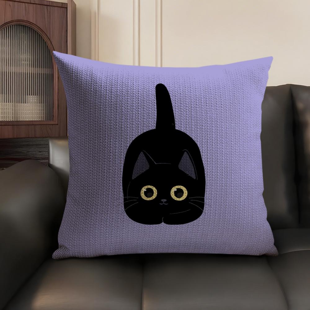 Little Black Cat Cushion Cover Summer Breathable Linen Organic Fabric Double-Sided Printing Sofa Pillow Case Home Decor